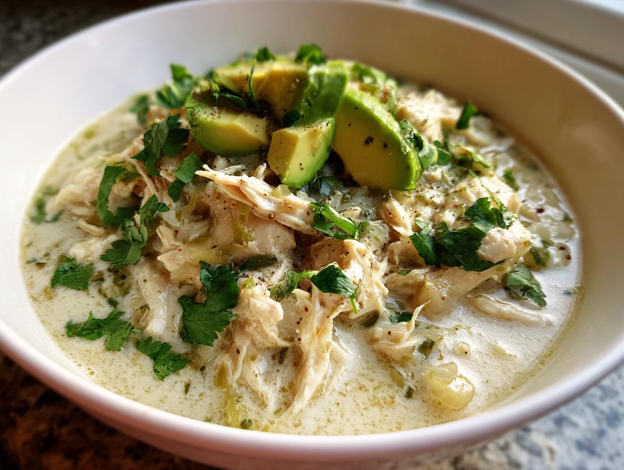 Close-up of a bowl of creamy keto white chicken chili topped with shredded chicken, fresh cilantro, and sliced avocado.