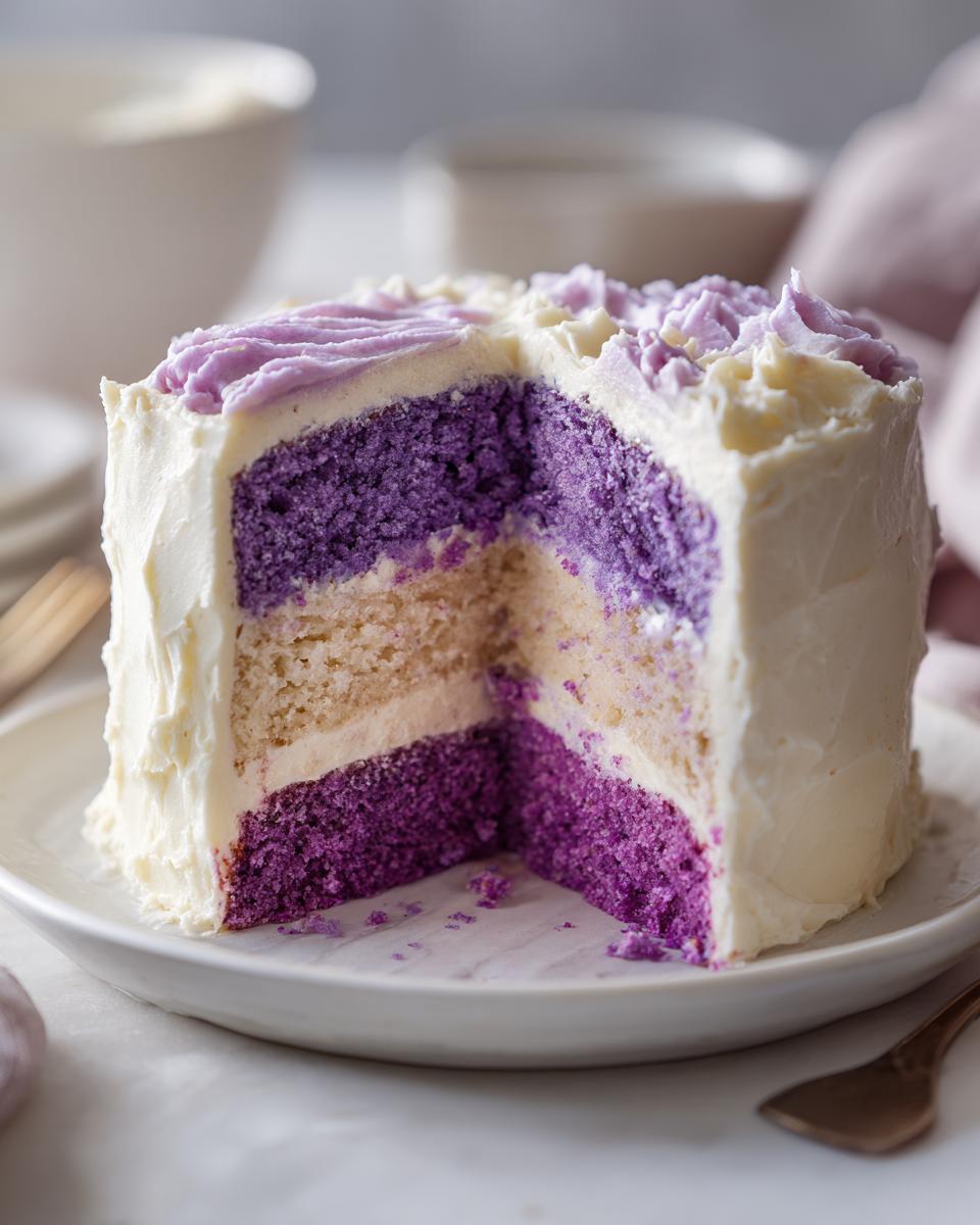 A slice removed from a layered lavender cake showing vibrant purple and white sponge layers covered in white frosting.