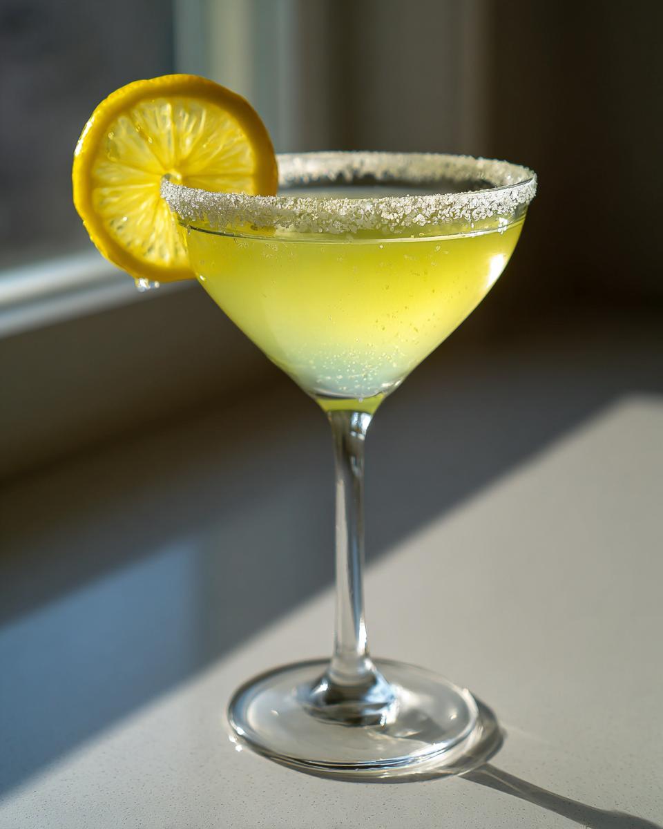 A bright yellow lemon drop martini in a stemmed glass with a sugar rim and lemon slice garnish.