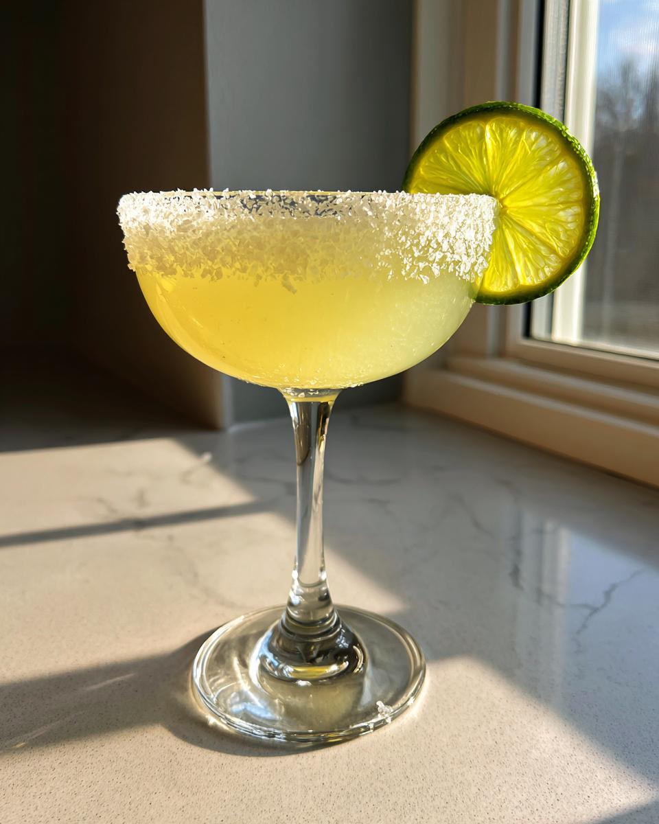 A bright yellow lemon drop martini in a coupe glass with a heavily sugared rim and lime garnish.