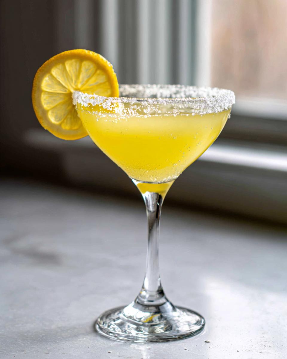 A bright yellow lemon drop martini in a stemmed glass with a sugar-rim and lemon wheel garnish.
