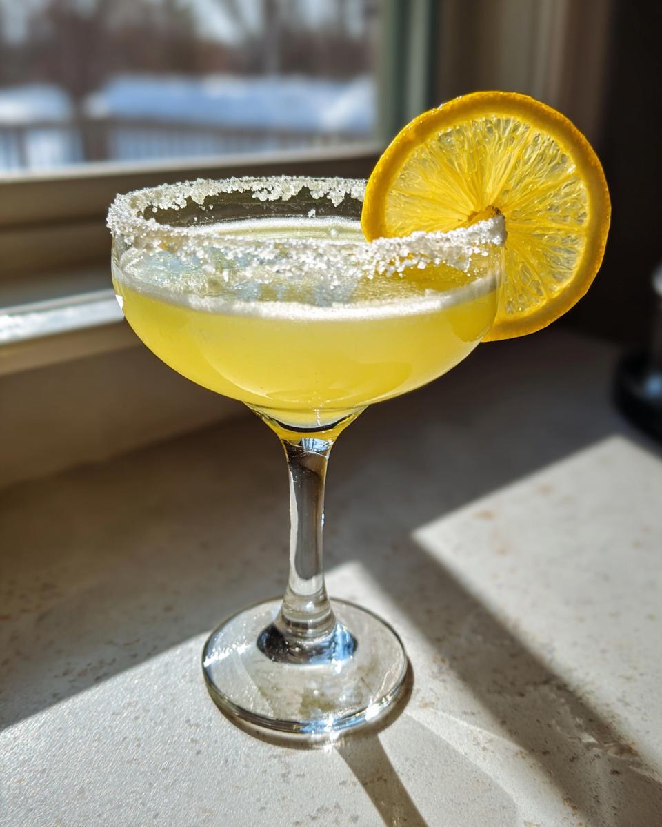 A bright yellow lemon drop martini in a coupe glass with a thick sugar rim and a fresh lemon wheel garnish.