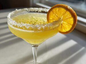 A bright yellow lemon drop martini in a coupe glass with a thick sugared rim and an orange slice garnish.