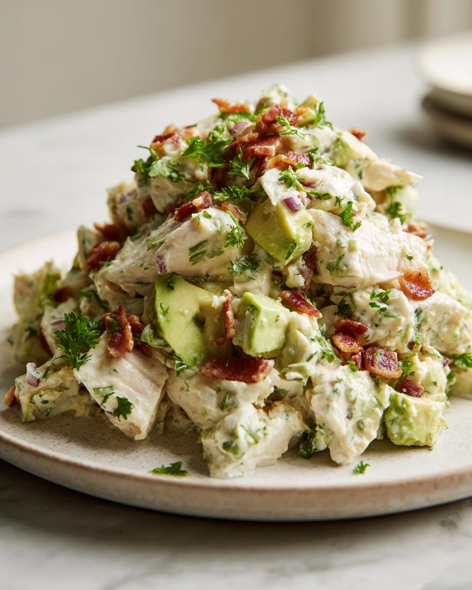 A mound of creamy honey mustard chicken salad mixed with chunks of avocado and topped with crumbled bacon and fresh parsley.