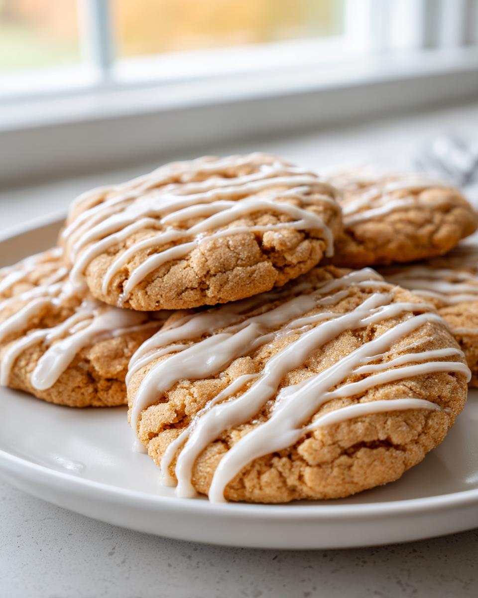 A stack of soft maple brown sugar cookies drizzled with white glaze on a white plate.