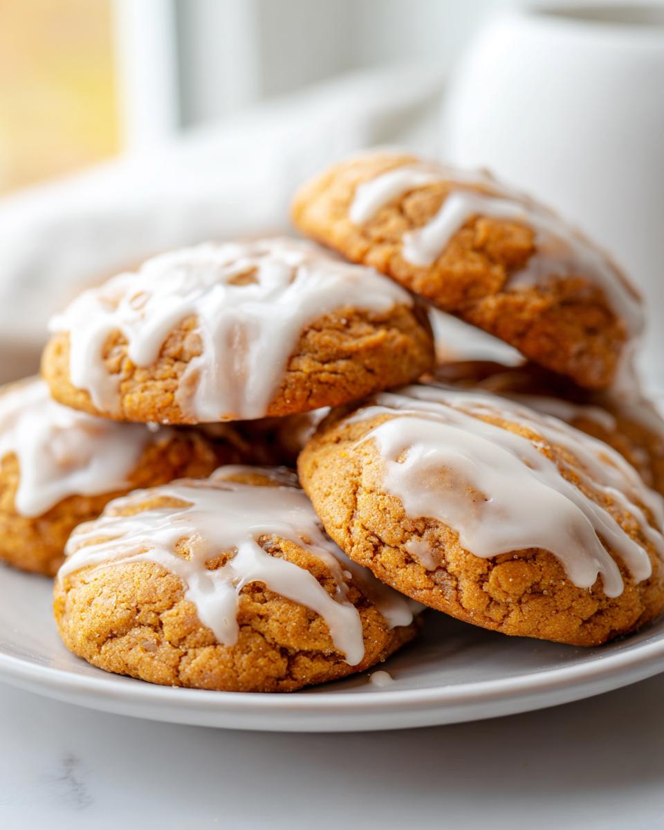 A stack of soft maple brown sugar cookies drizzled generously with white vanilla glaze.