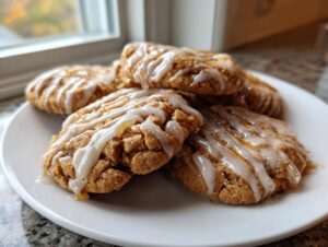 A stack of soft maple brown sugar cookies drizzled with white glaze and extra maple syrup.