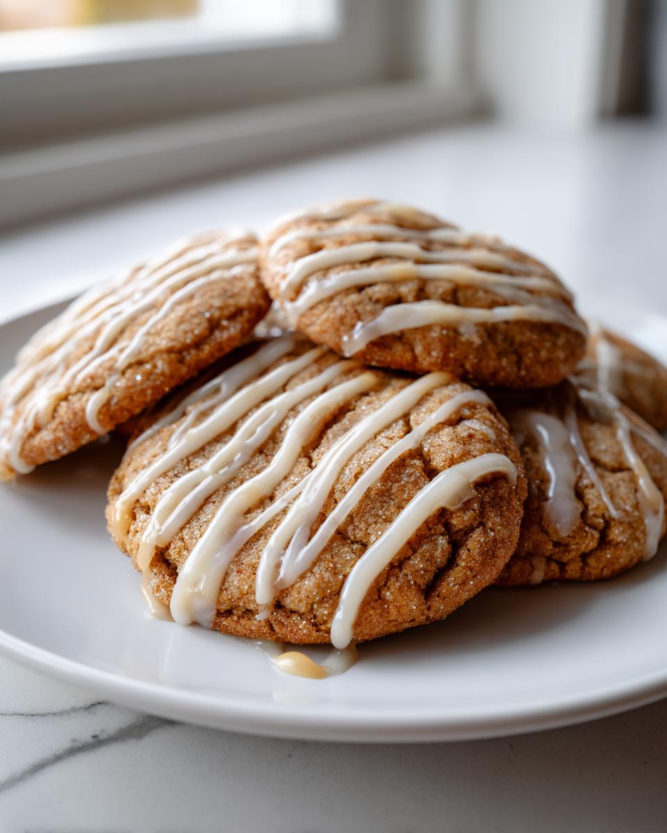 A stack of soft maple brown sugar cookies drizzled with a white glaze, resting on a white plate.