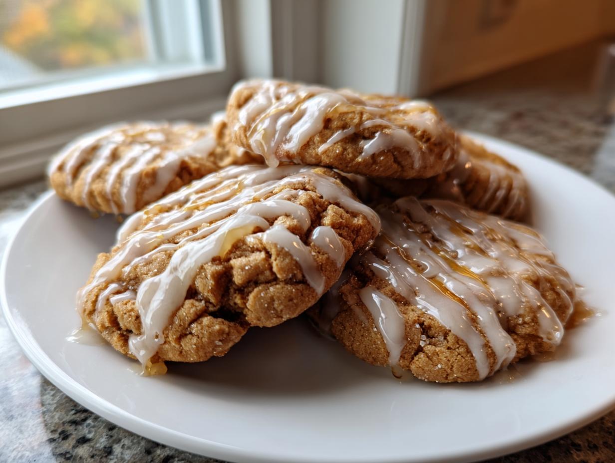 A stack of soft maple brown sugar cookies drizzled with white glaze and extra maple syrup.