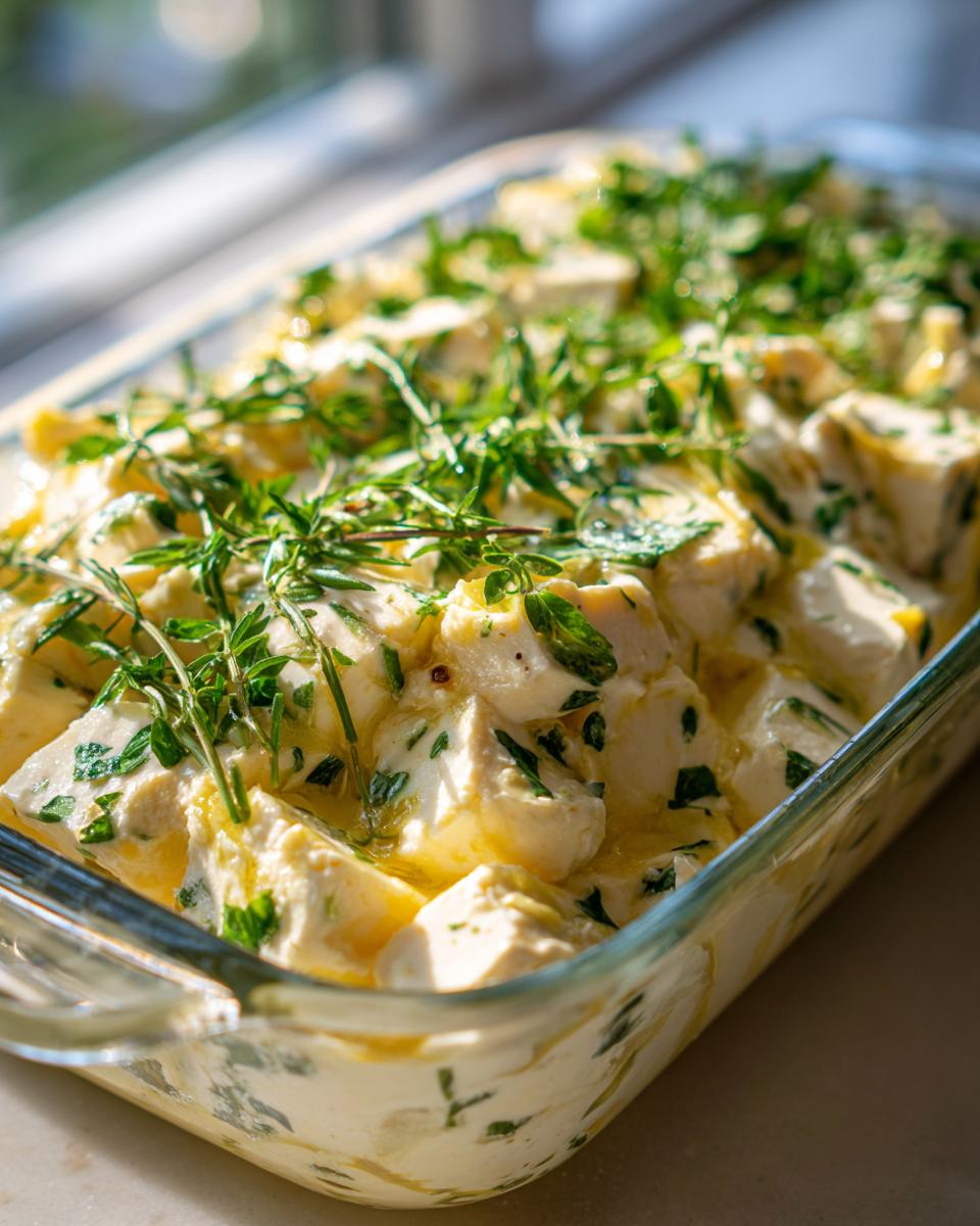 Close-up of cubed marinated cheese soaking in olive oil and fresh herbs in a clear glass dish.