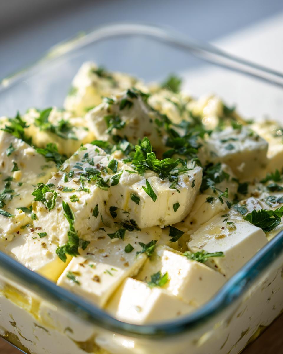 Close-up of cubed marinated cheese soaking in oil and topped generously with fresh chopped parsley.