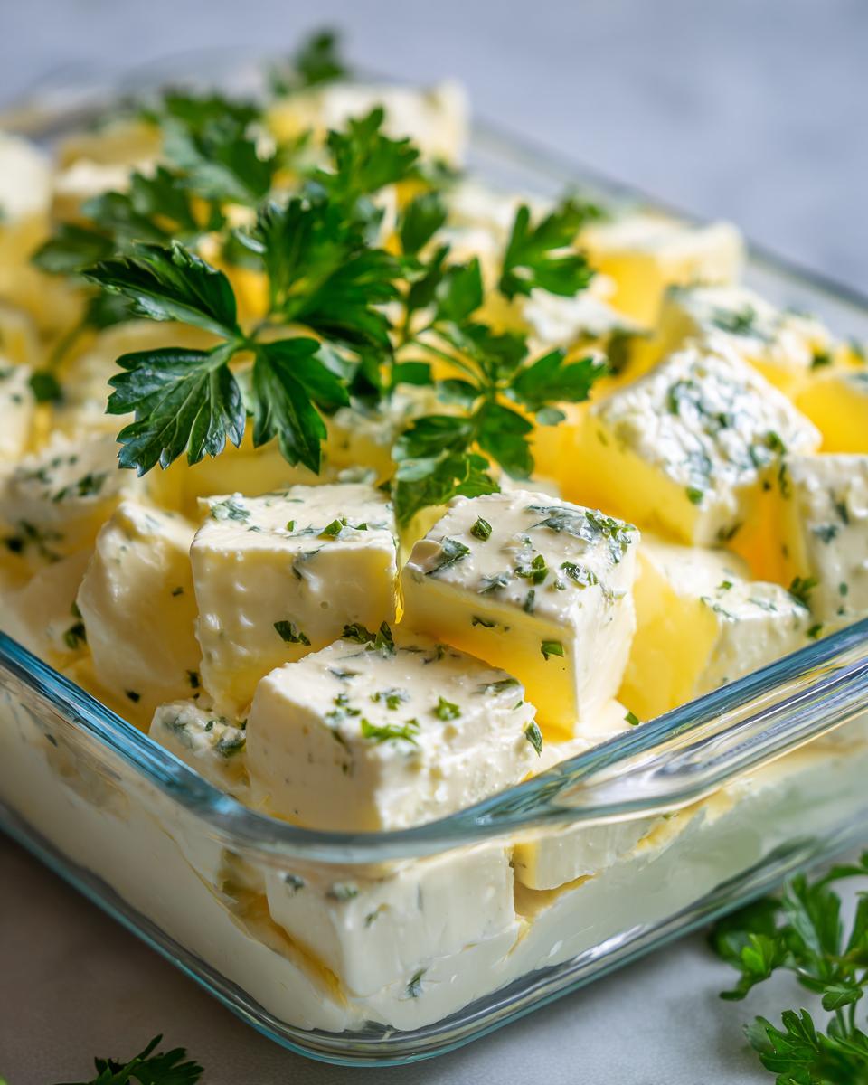 Close-up of cubed marinated cheese coated in herbs, resting in a clear glass dish.