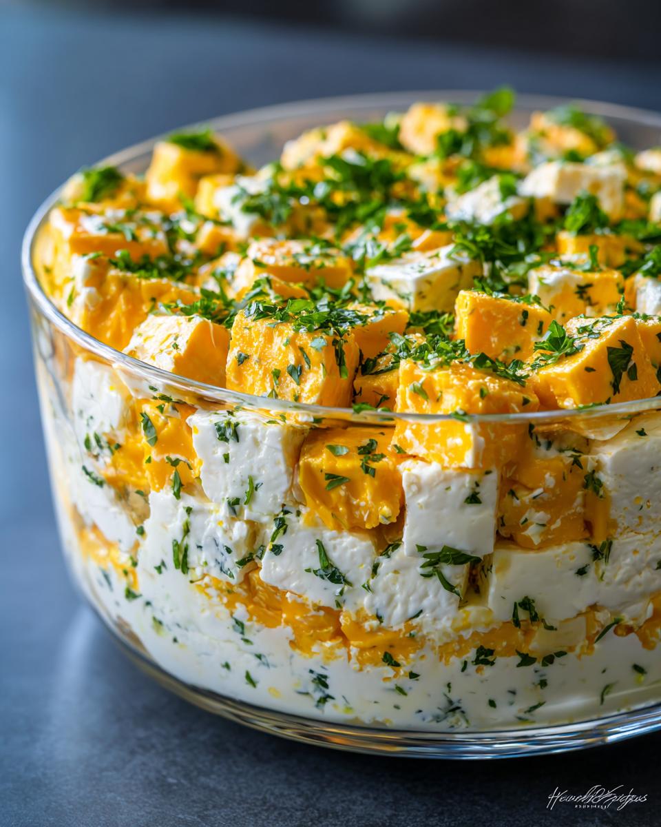 Close-up of a glass bowl filled with layered cubes of orange and white marinated cheese, topped with fresh chopped parsley.