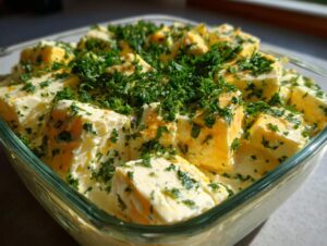 Close-up of cubes of marinated cheese soaking in a creamy sauce and heavily garnished with fresh chopped parsley.
