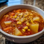 Close-up of a white bowl filled with rich, tomato-based maryland crab soup featuring chunks of potato, corn, and shredded crab meat.