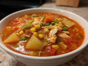 Close-up of a white bowl filled with rich, red broth maryland crab soup, featuring chunks of potato, corn, peas, and shredded crab meat.
