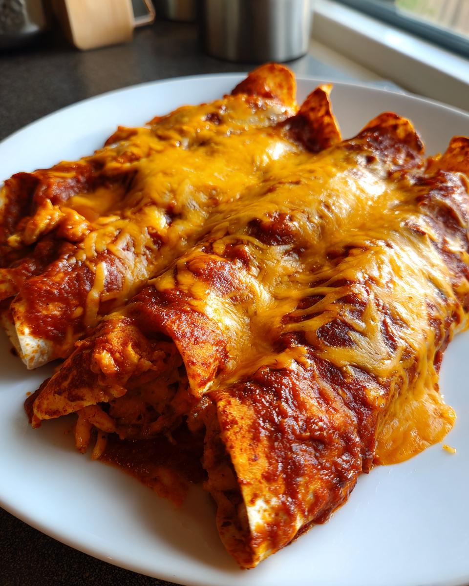 Close-up of two baked cheese enchiladas smothered in red sauce and melted cheddar cheese.