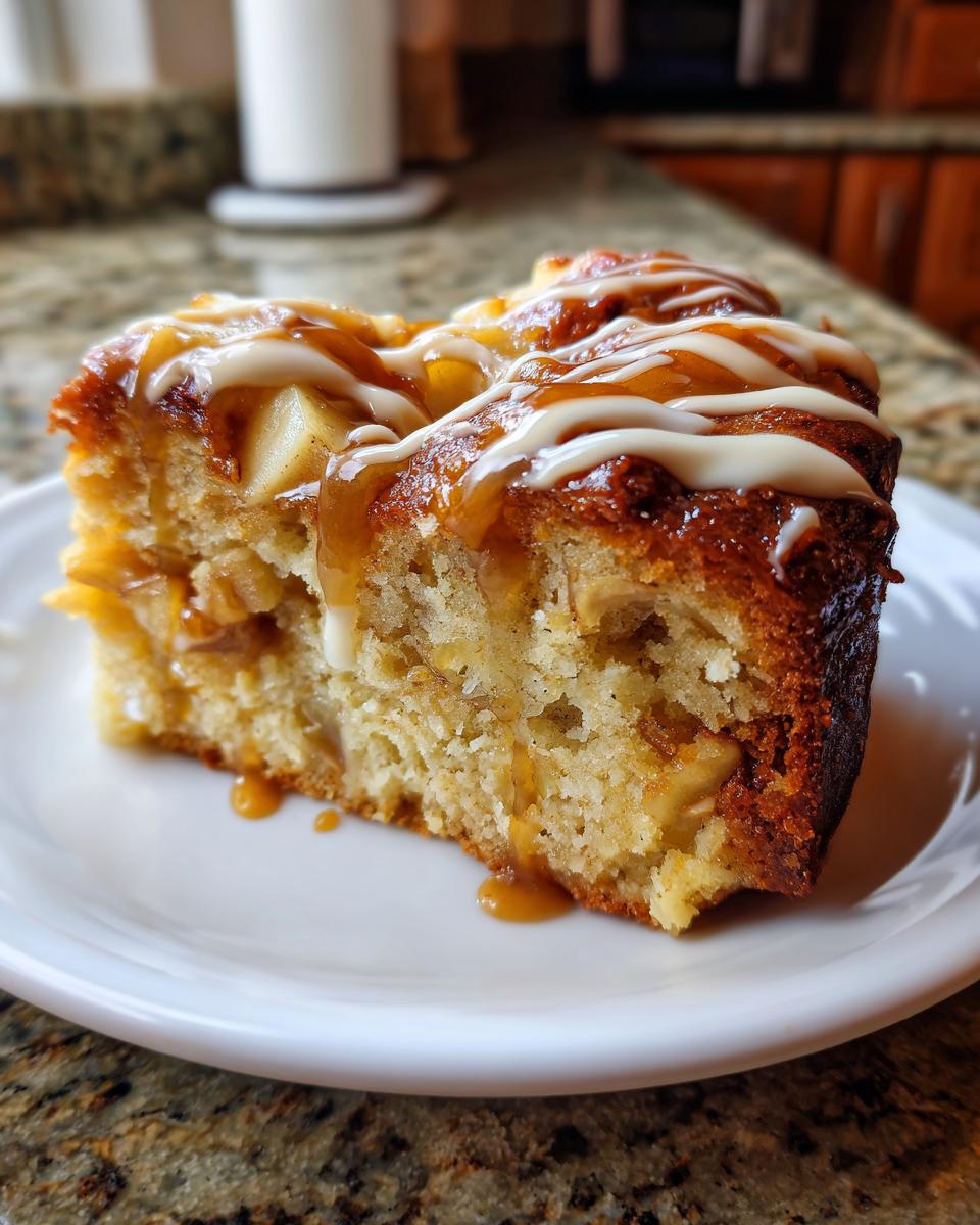 A close-up of a moist slice of apple dapple cake topped with caramel and white icing drizzle.