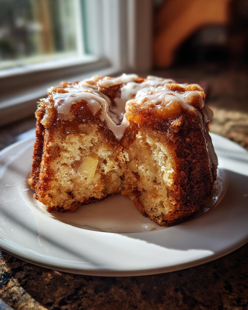 A moist slice of apple dapple cake showing chunks of apple inside, topped with a sweet white glaze.