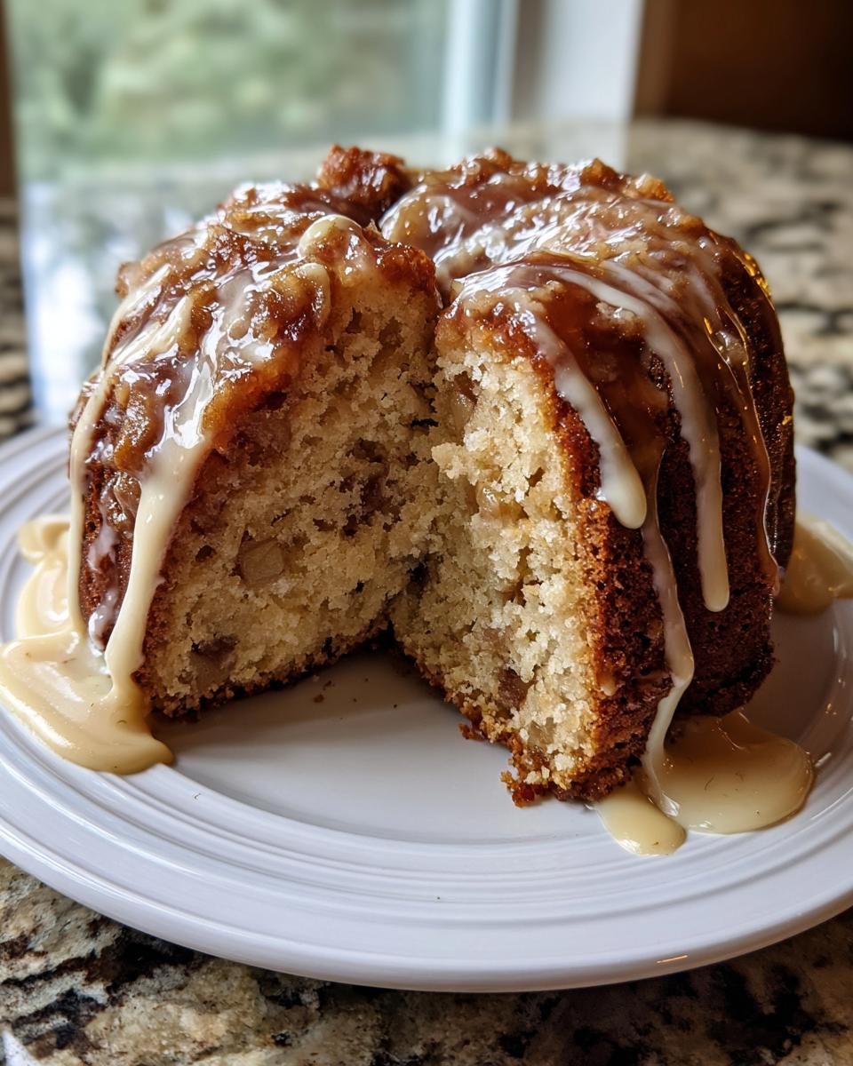 A slice cut from a moist apple dapple cake, drizzled heavily with caramel and vanilla glaze.