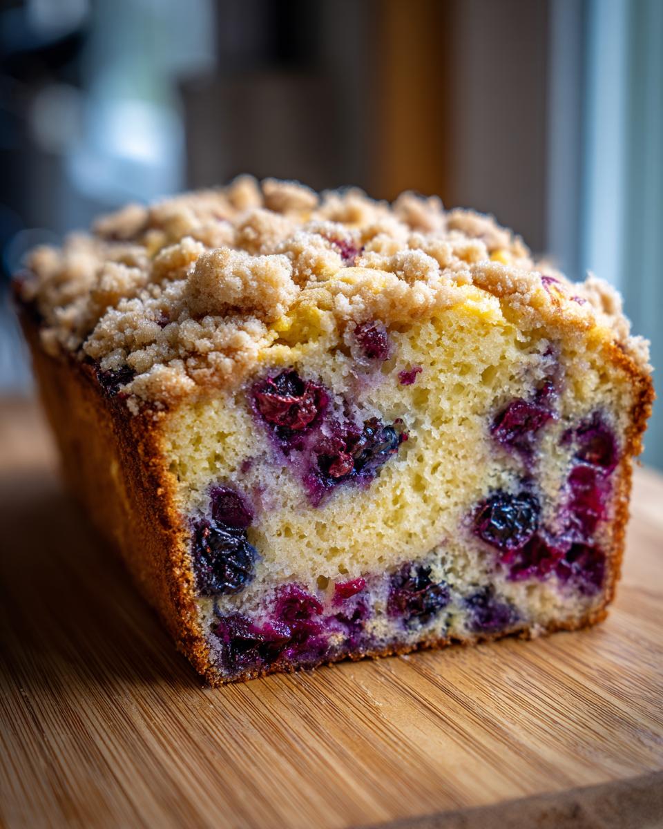 Close-up of a moist blueberry bread loaf, showing the vibrant purple blueberries baked into the yellow crumb and topped with a streusel topping.