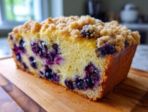 A close-up slice of moist blueberry bread featuring a buttery crumb topping and bursting blueberries throughout the loaf.