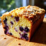 Close-up of a freshly baked, moist blueberry bread loaf with a golden crumb topping.