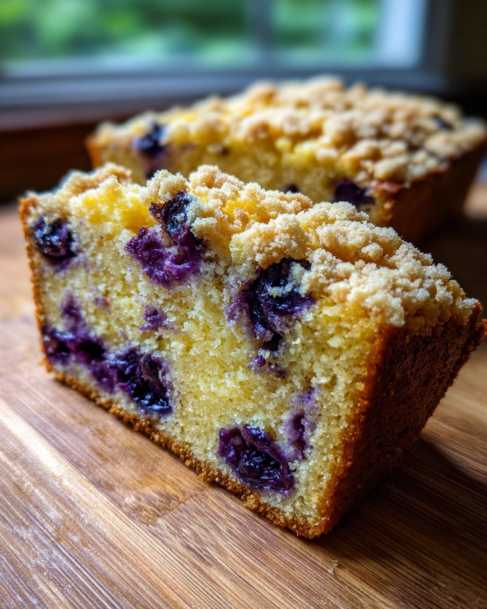 Close-up of a moist slice of blueberry bread featuring visible blueberries and a crunchy streusel topping.