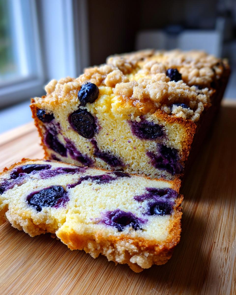 A close-up of moist blueberry bread, showing a slice cut away, revealing juicy blueberries and a crumb topping.