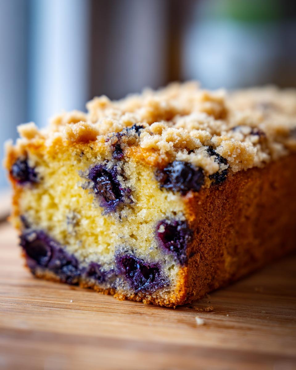 A close-up, cross-section view of moist blueberry bread loaded with dark blueberries and topped with a crunchy streusel topping.