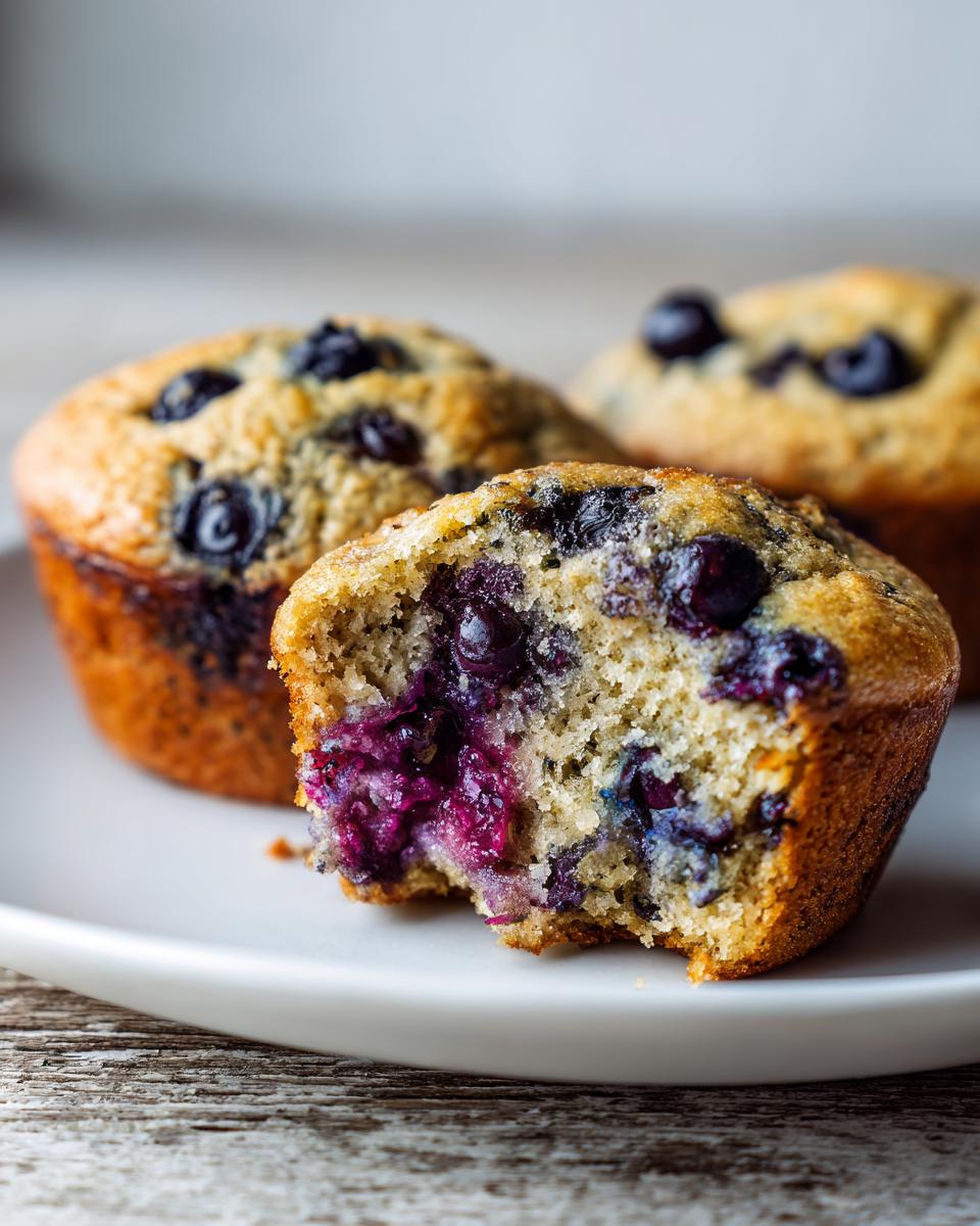 A close-up of a blueberry protein muffin with a bite taken out, revealing a moist, berry-filled interior.