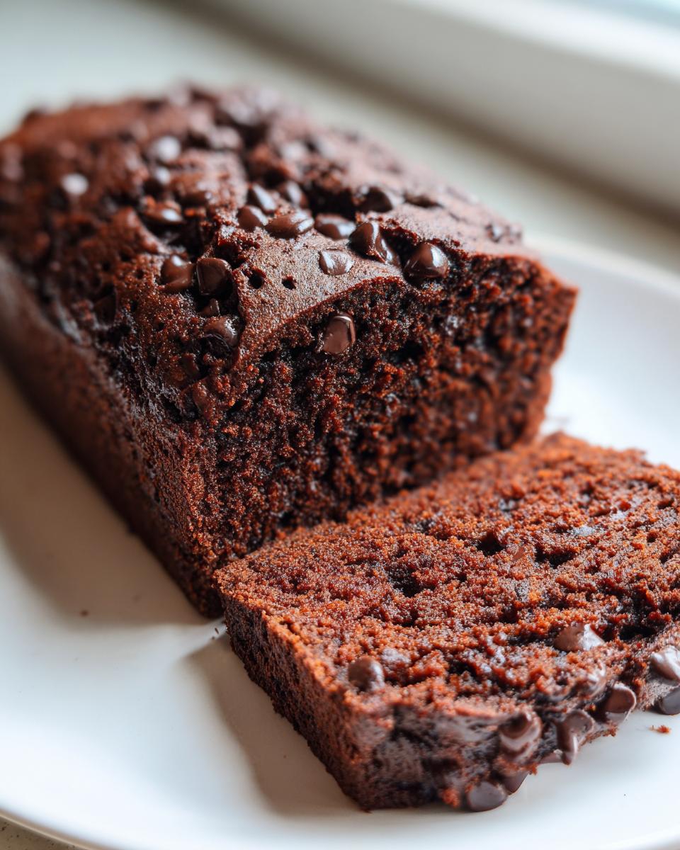 A moist, dark chocolate banana bread loaf, partially sliced, topped generously with melted chocolate chips.
