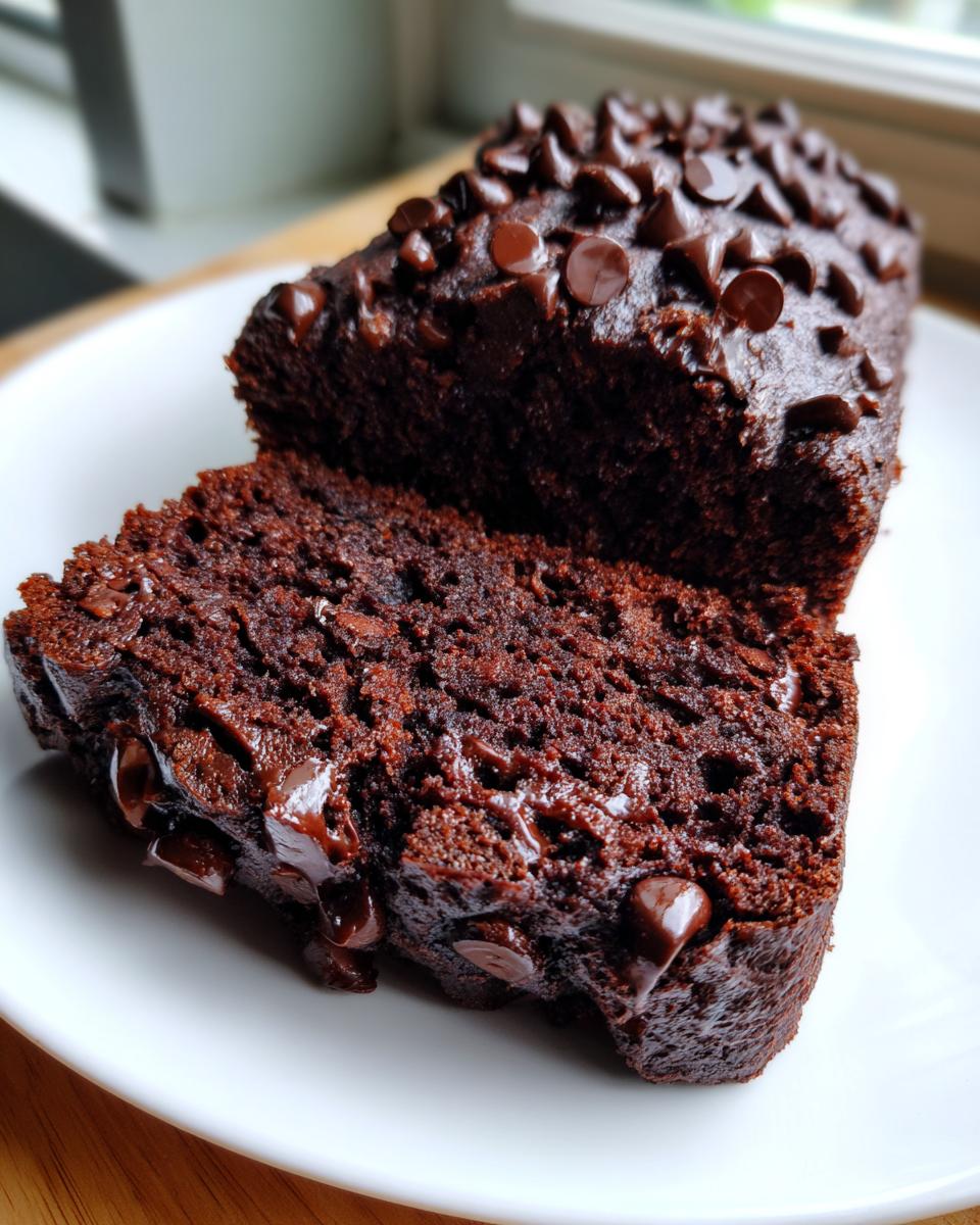 A close-up of a rich, dark chocolate banana bread loaf with a slice cut, topped generously with melted chocolate chips.
