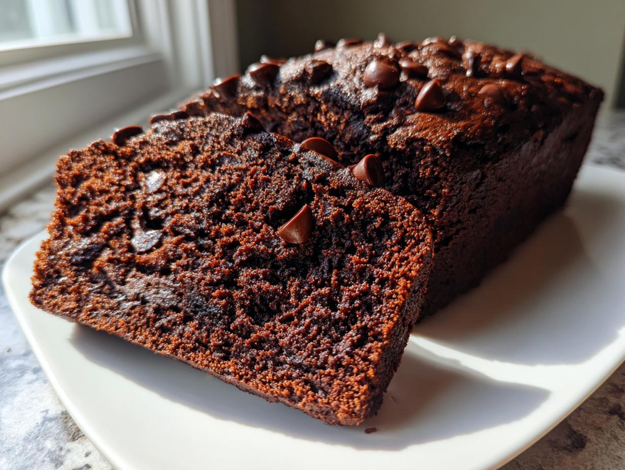 A close-up of a sliced, dark chocolate banana bread loaf topped with melted chocolate chips, sitting on a white plate.