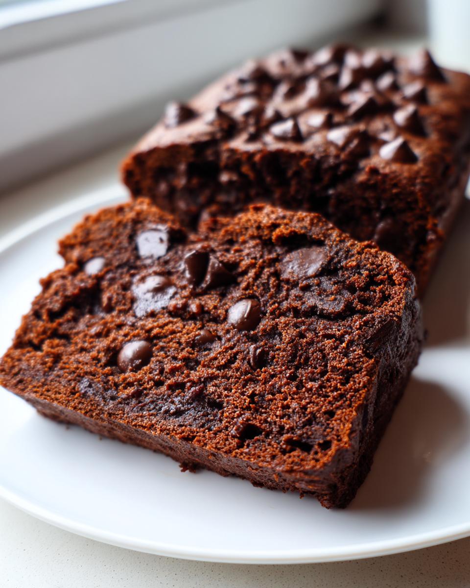 Close-up of two slices of rich, dark chocolate banana bread loaded with chocolate chips on a white plate.