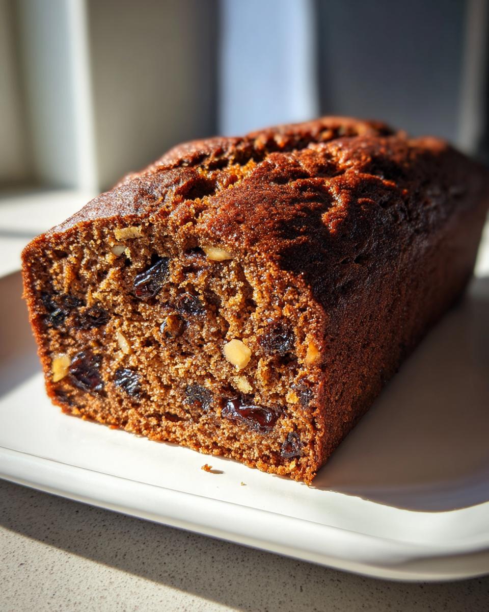 A close-up view of a freshly baked, moist date nut bread loaf showing visible dates and nuts inside.