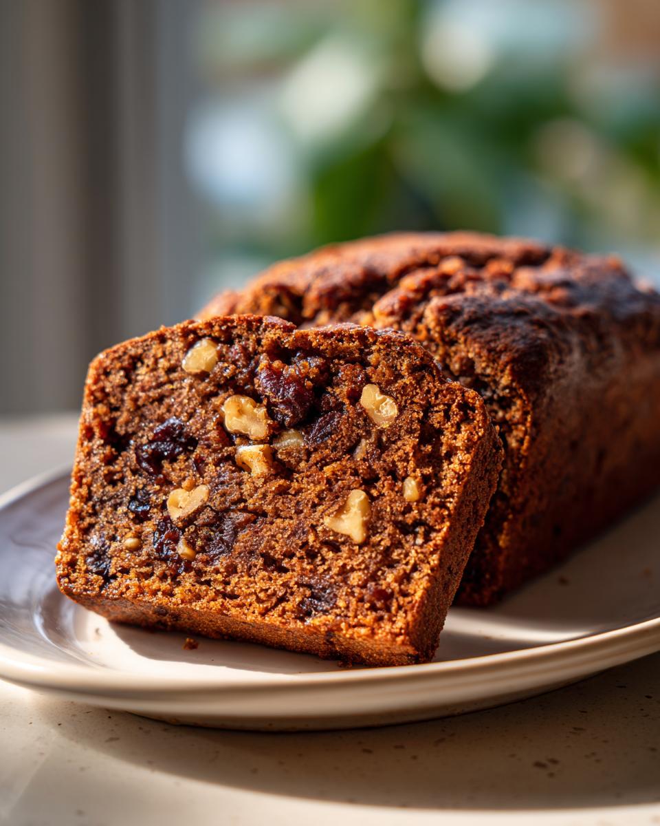 Close-up of a moist slice of date nut bread showing visible dates and walnuts, next to the rest of the loaf.