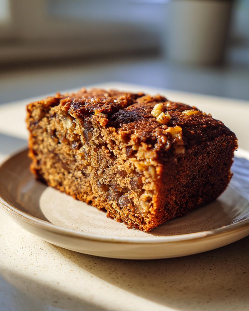 A close-up, sunlit slice of moist date nut bread showing visible dates and walnuts on top.