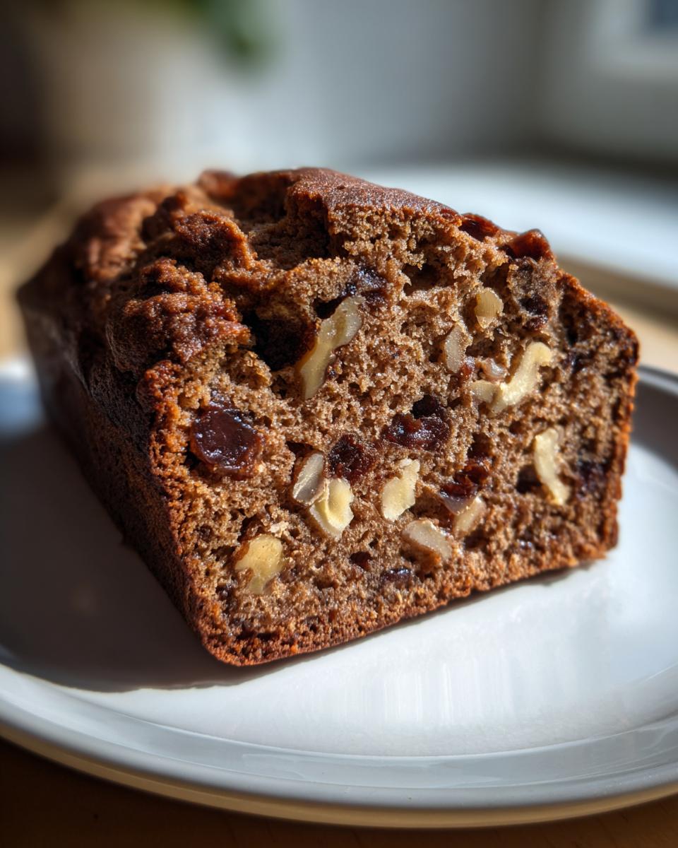 Close-up of a moist slice of date nut bread, showing visible walnuts and dates baked into the rich brown crumb.