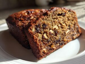 Close-up of two slices of moist date nut bread showing visible nuts and dark fruit pieces.