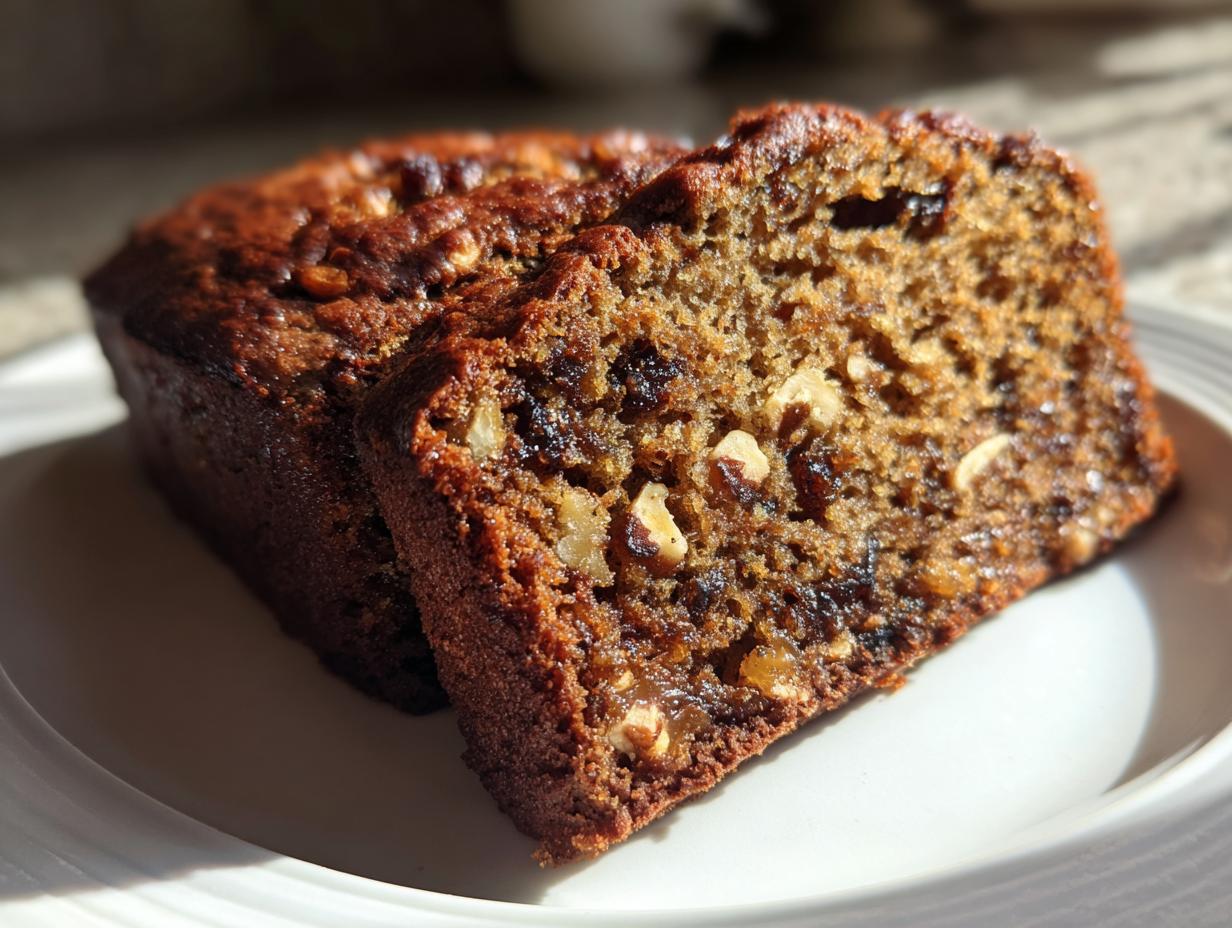 Close-up of two slices of moist date nut bread showing visible nuts and dark fruit pieces.