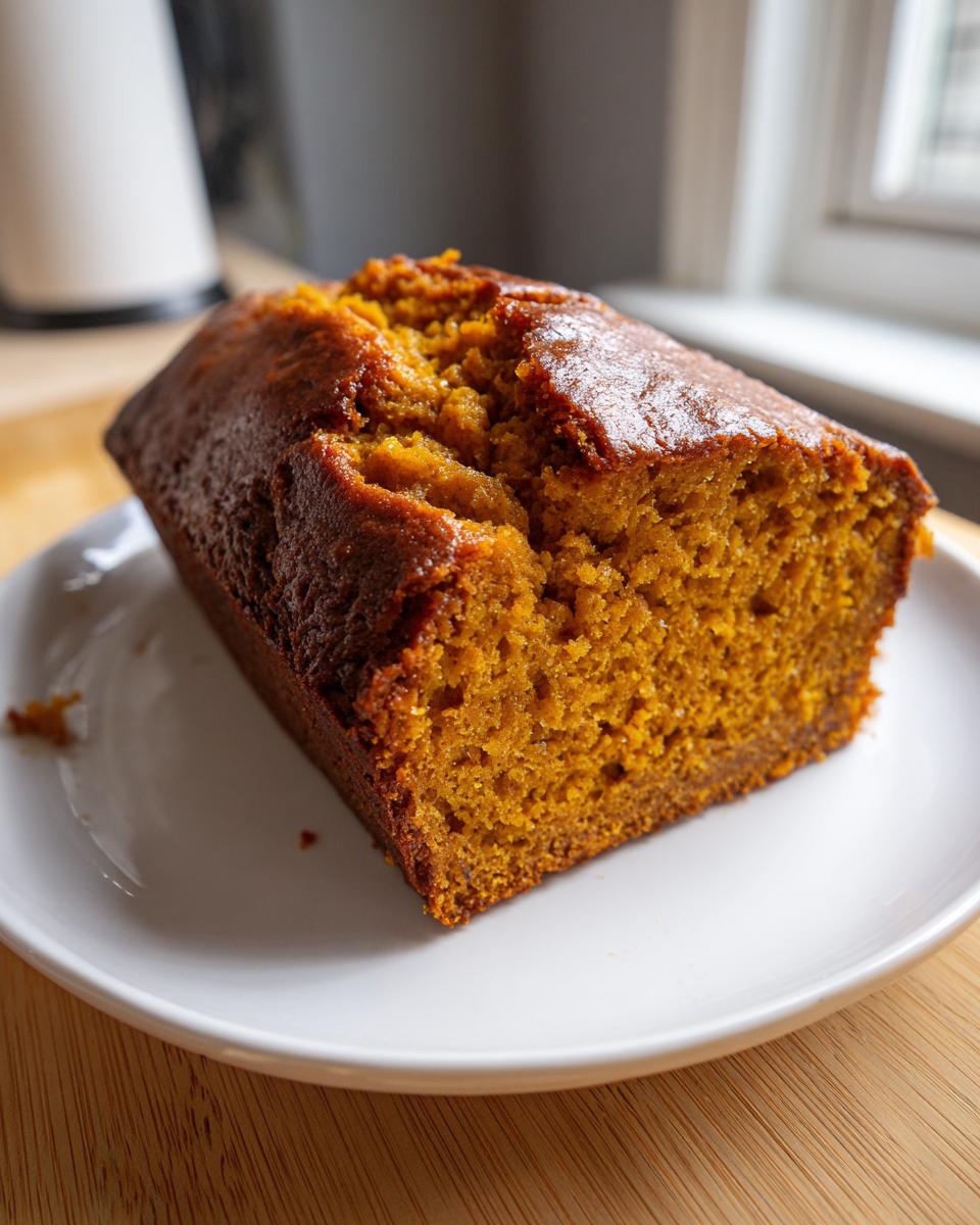 A close-up of a freshly baked, moist pumpkin bread loaf resting on a white plate.