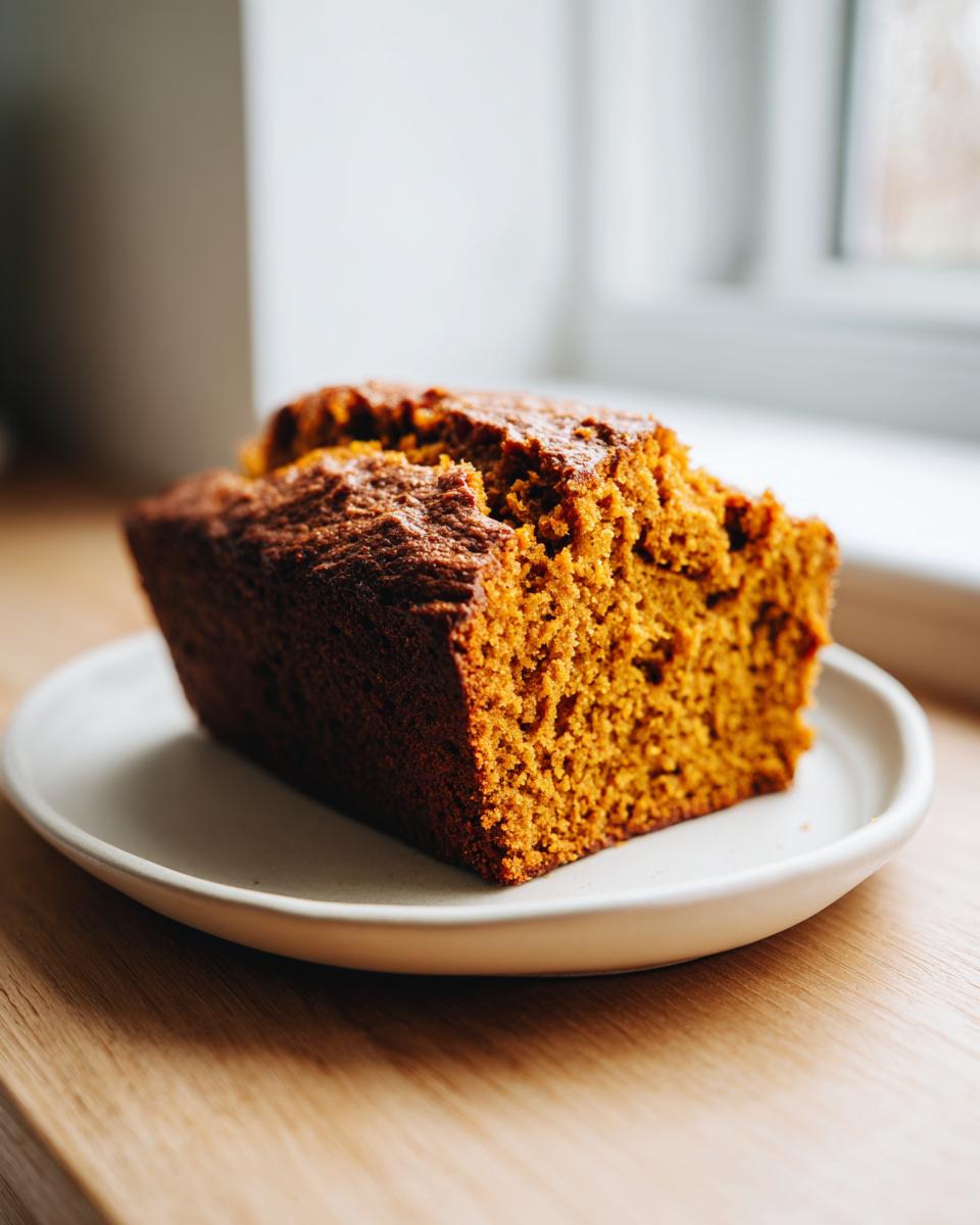 A thick, moist slice of homemade pumpkin bread with a rich orange crumb, resting on a small white plate.