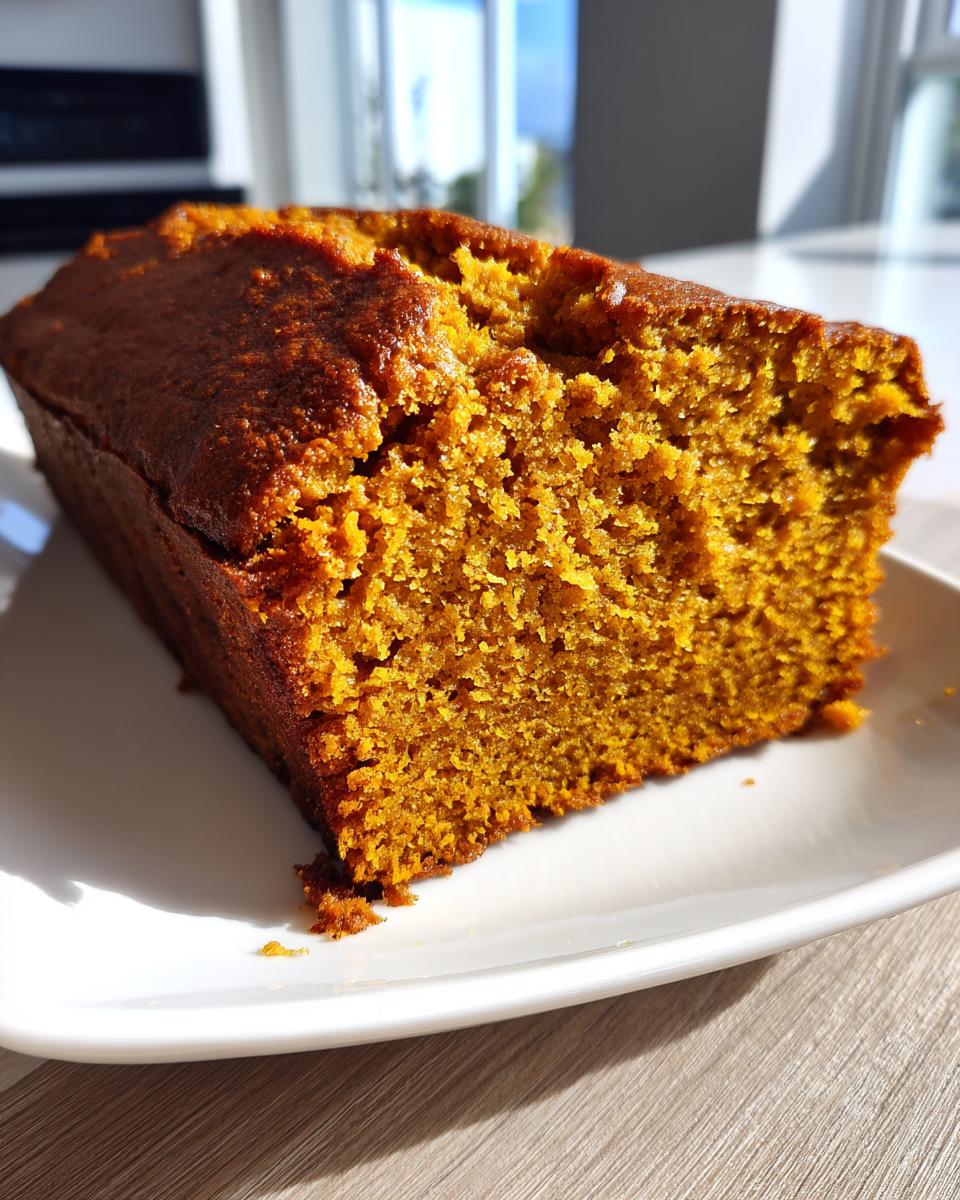 Close-up of a freshly baked, moist slice of pumpkin bread with a dark golden crust, sitting on a white plate.