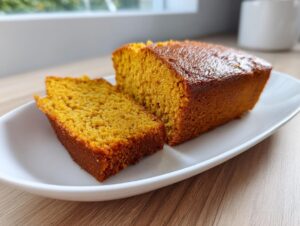Close-up of a loaf of moist pumpkin bread, with one slice cut and resting beside the main loaf on a white plate.