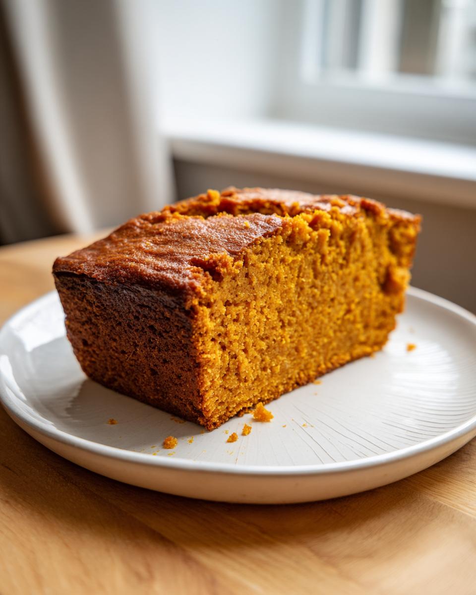 A thick, moist slice of homemade pumpkin bread with a dark golden crust, served on a white plate.