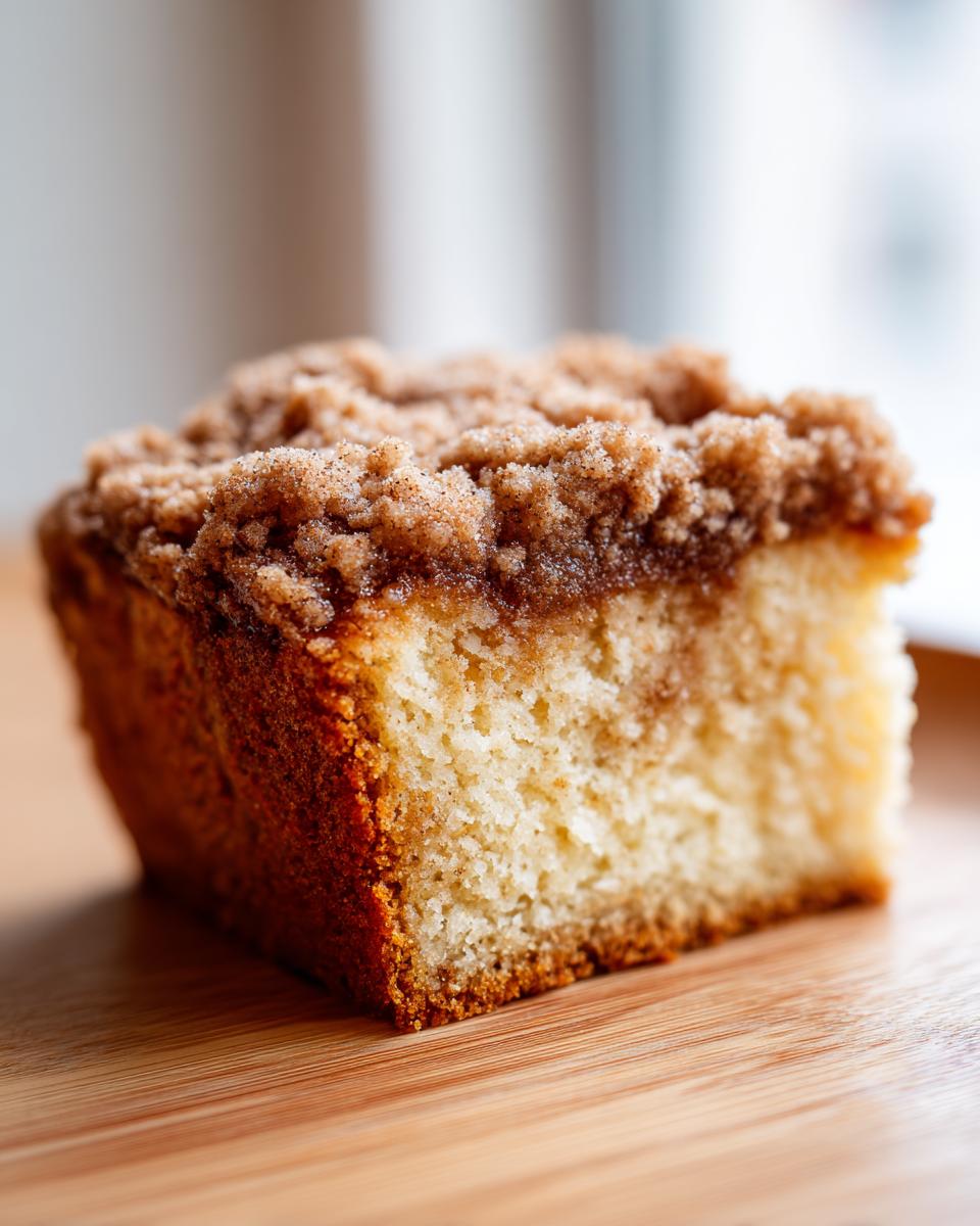 Close-up of a moist slice of sour cream coffee cake showing the tender crumb and thick cinnamon streusel topping.