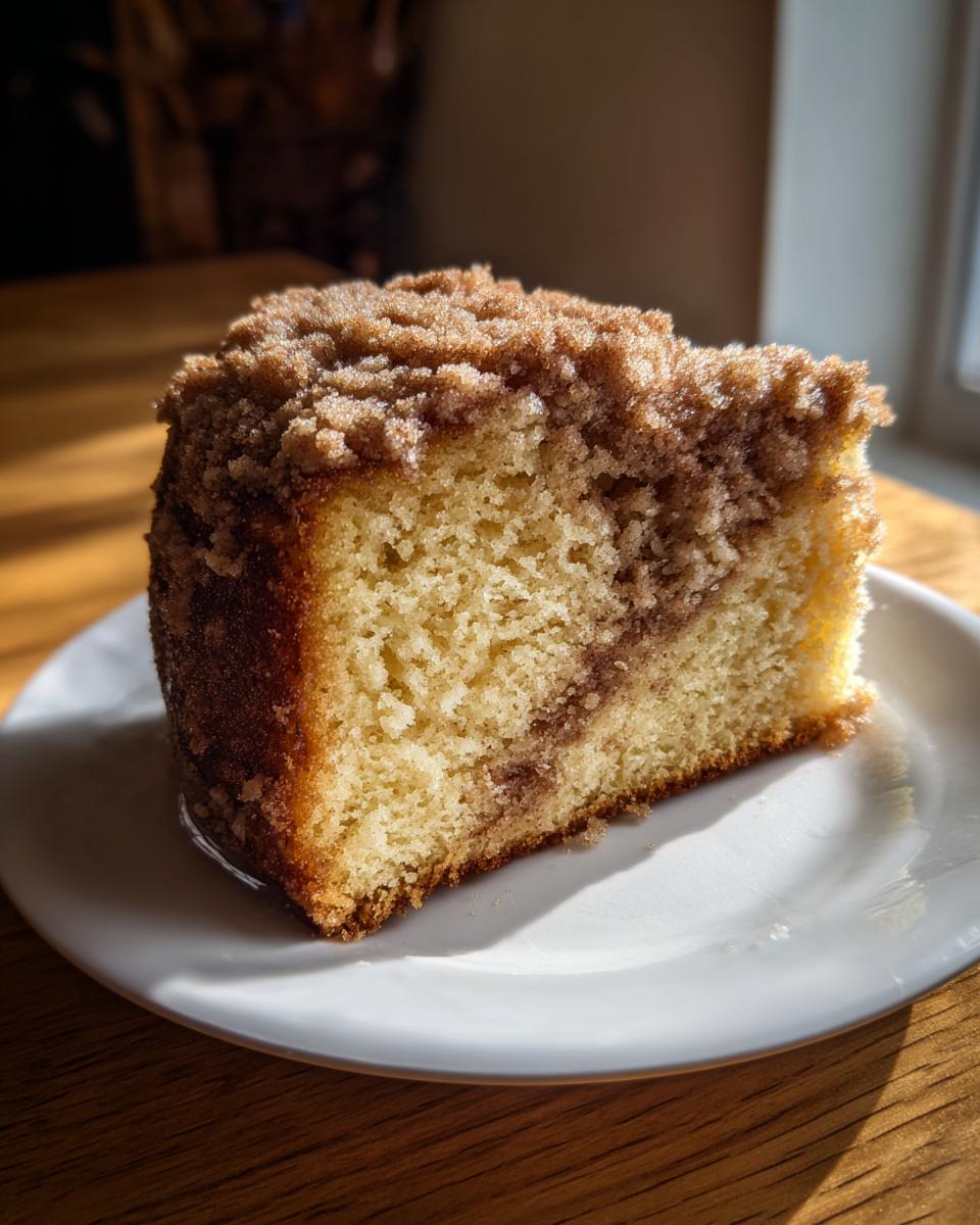 Close-up of a moist slice of sour cream coffee cake featuring a thick cinnamon streusel topping.