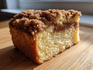 Close-up of a moist slice of sour cream coffee cake featuring a thick cinnamon swirl and generous brown sugar crumb topping.
