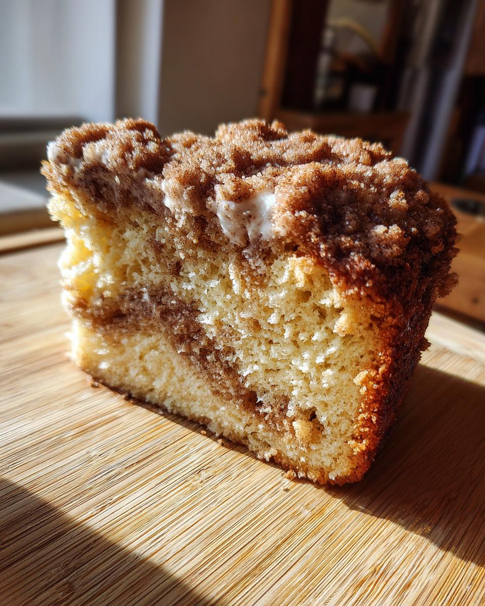 A close-up, sunlit slice of moist sour cream coffee cake featuring a thick cinnamon streusel topping and swirl.